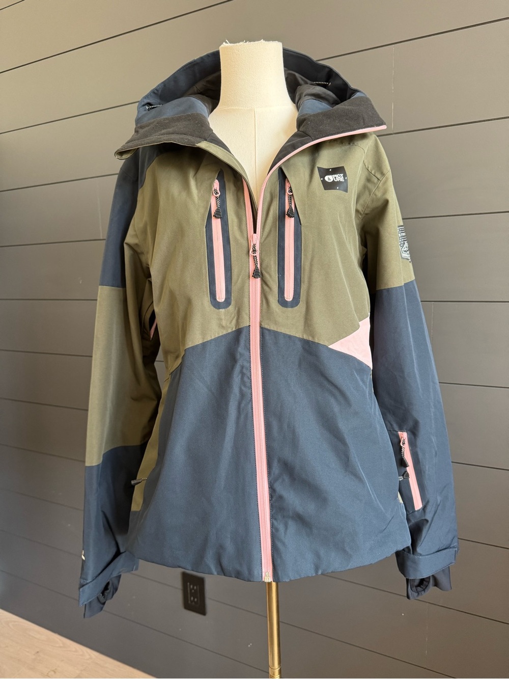 Picture Women’s Organic Olive, Navy & Pink Hooded Waterproof Ski Seen Jacket